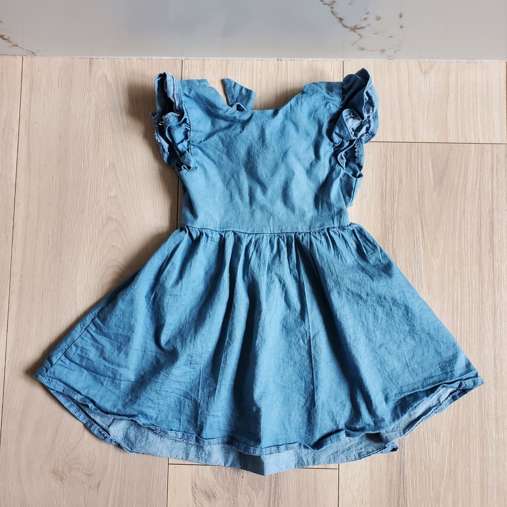 Baileys Blossoms Dress Toddler Girls 2T Blue Chambray Flutter Sleeve Tie Back